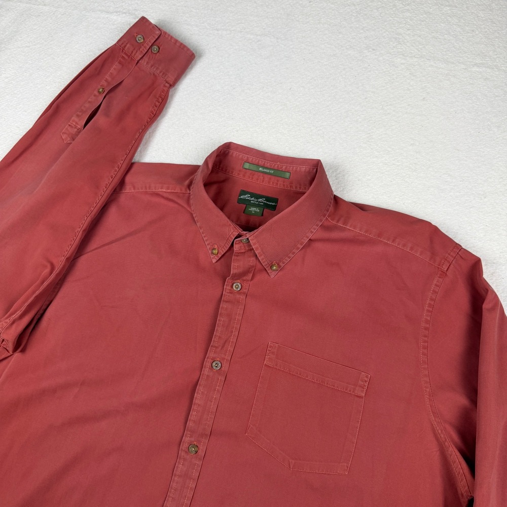 Eddie Bauer Mens XL Relaxed Fit Button‎ Down Shirt Red Long Sleeve Cotton Pocket